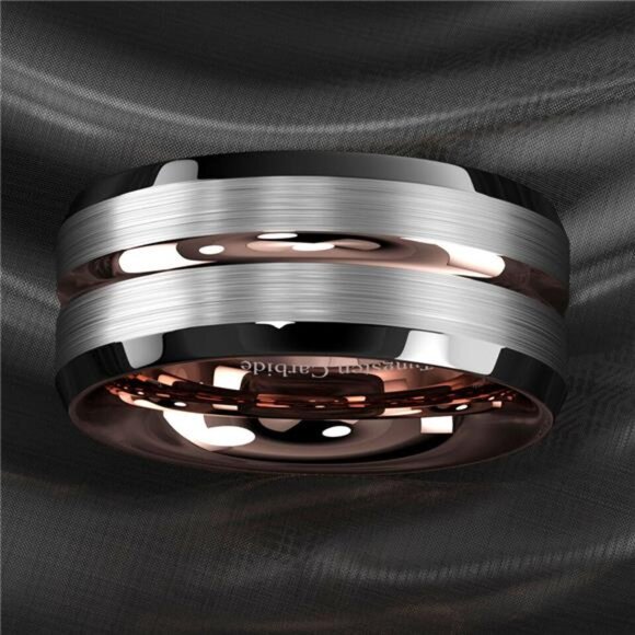 Men's Wedding Band Rings | Silver Brushed Rose Gold Men's Wedding Rings - Picture 6 of 8